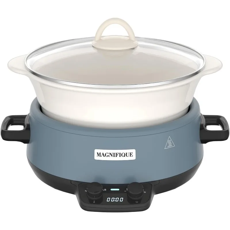 

MAGNIFIQUE Small 5 Quart Round Casserole Programmable Slow Cooker with Glazed Ceramic Liner, Food Warmer, Blue
