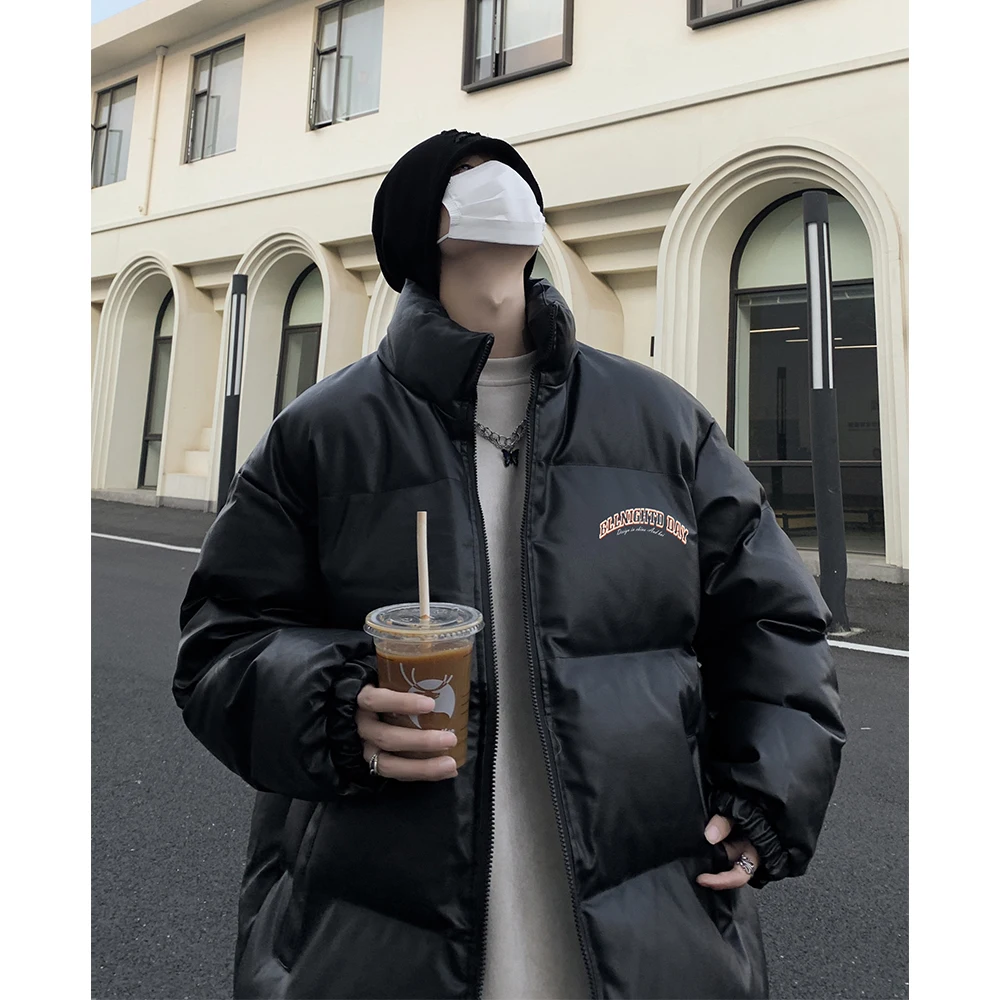 

Men's Winter Thiened PU Leather down Cotton Jaet Loose Bread Sle Casual Warm Outerwear for Teenagers CleanFit Zipper Cl...