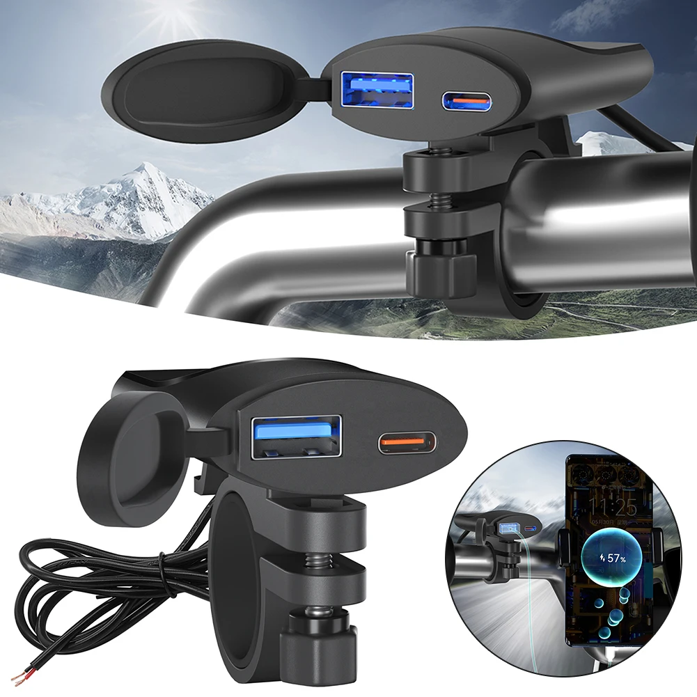 QC3.0 Motorcycle USB Charger 30W USB-C Charger IP67 Waterproof Handlebar Mounting Bracket Digital Camera Phone Charger