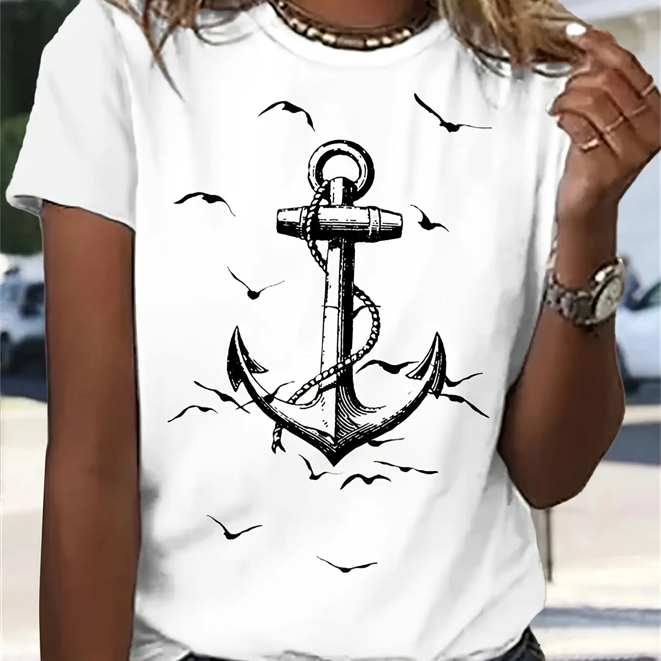 New summer fashion women\'s t-shirt 3D anchor print color matching casual fashion round neck short sleeve summer women\'s t-shirt