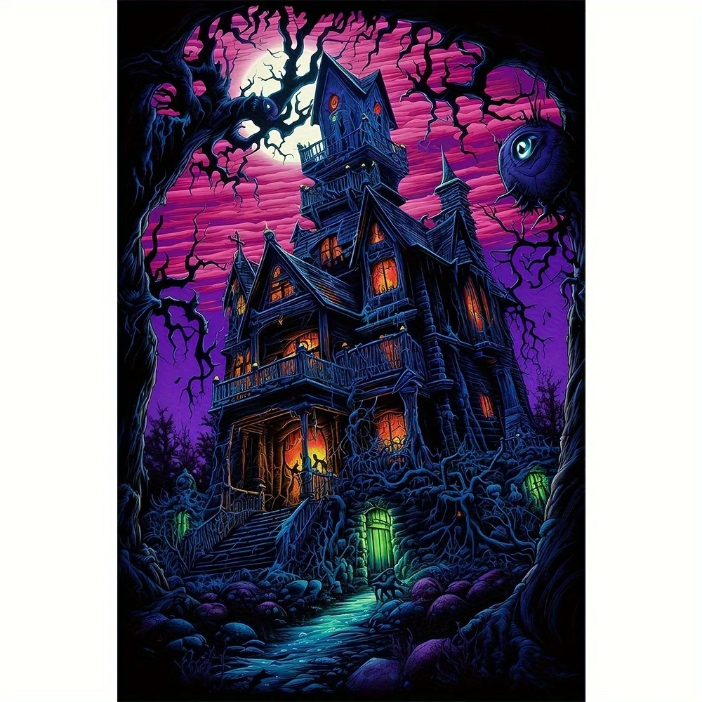 5D DIY Halloween Haunted House Diamond Painting, Dark Castle Moonlight Forest Wall Art for Living Room Bedroom Home Decor