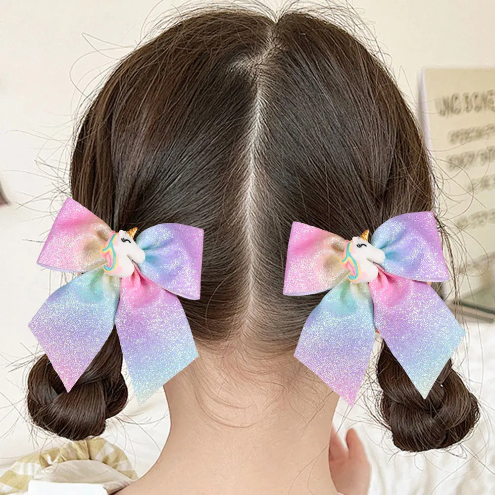 2Pcs Shinng Ribbon Bows Hair Clip For Baby Girls Cute Unicorn Children Hairpin Kids Bowknot Barrettes Headdress Girls Gifts