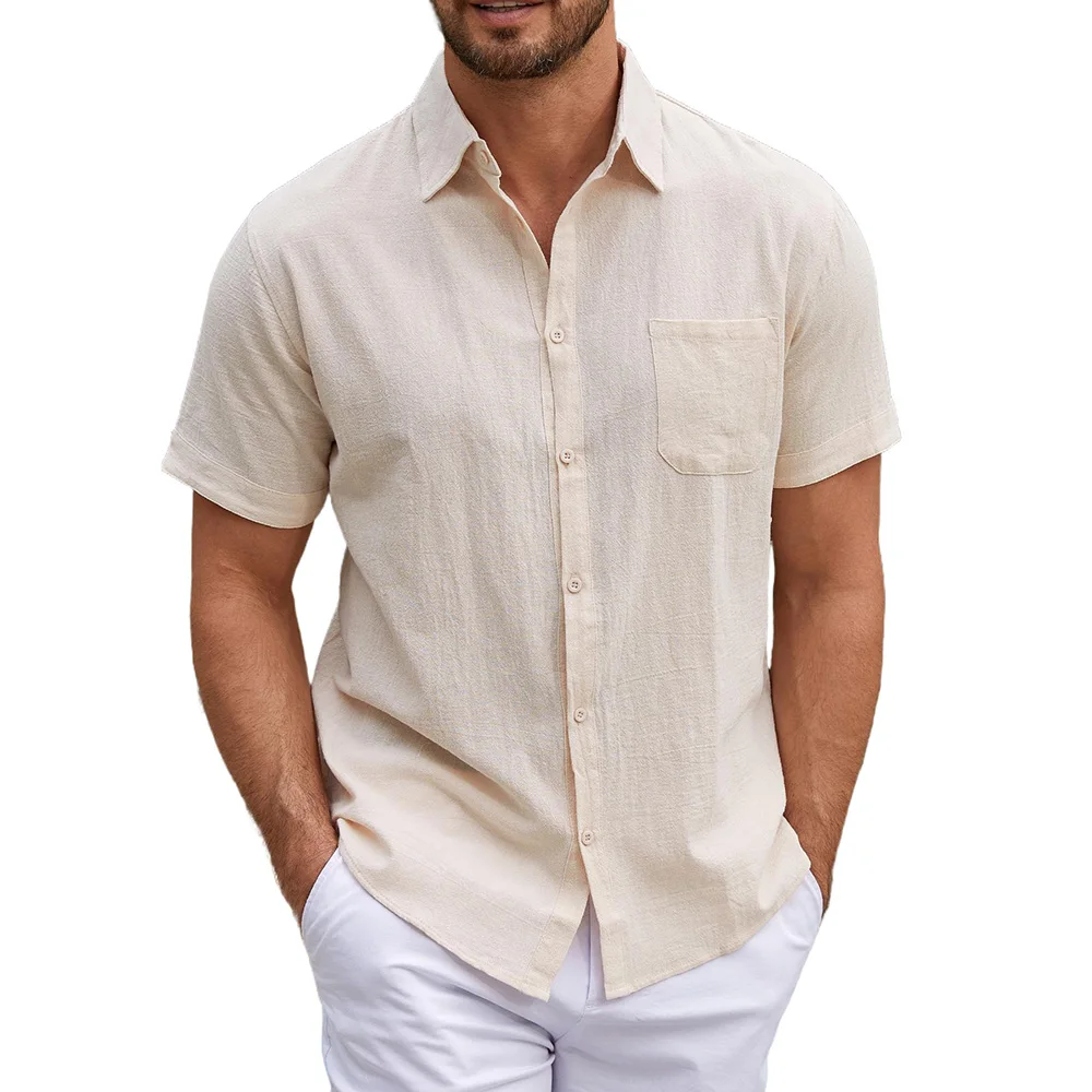 Cotton Linen Shirt for Men Solid Color Short Sleeve Lapel Collar Breathable Lightweight Button Tops Male Casual Stylish Shirts
