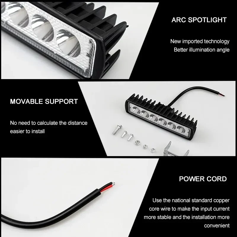 6Inch 18W 6-LED Work Light Bar Waterproof Spot Lamp for SUV Truck Off Road Driving Light 12V White Refit