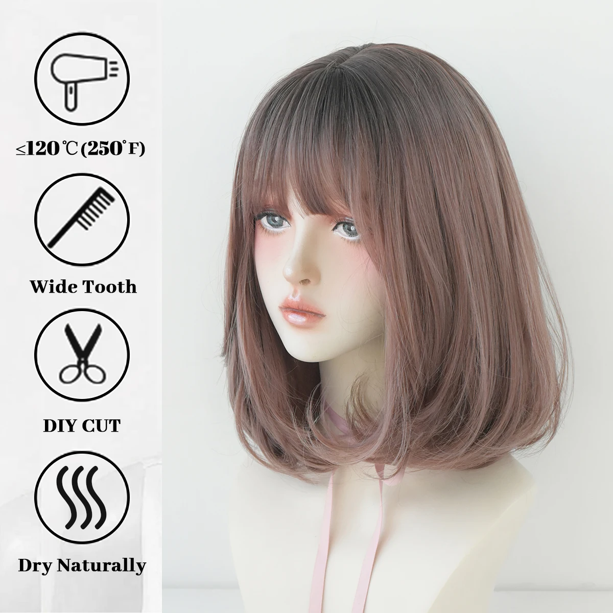 Short Wigs Straight Bob Wigs with Bangs Brown Pink Wig Black Natural Synthetic Hair for Women Daily Cosplay Heat Resistant Wig