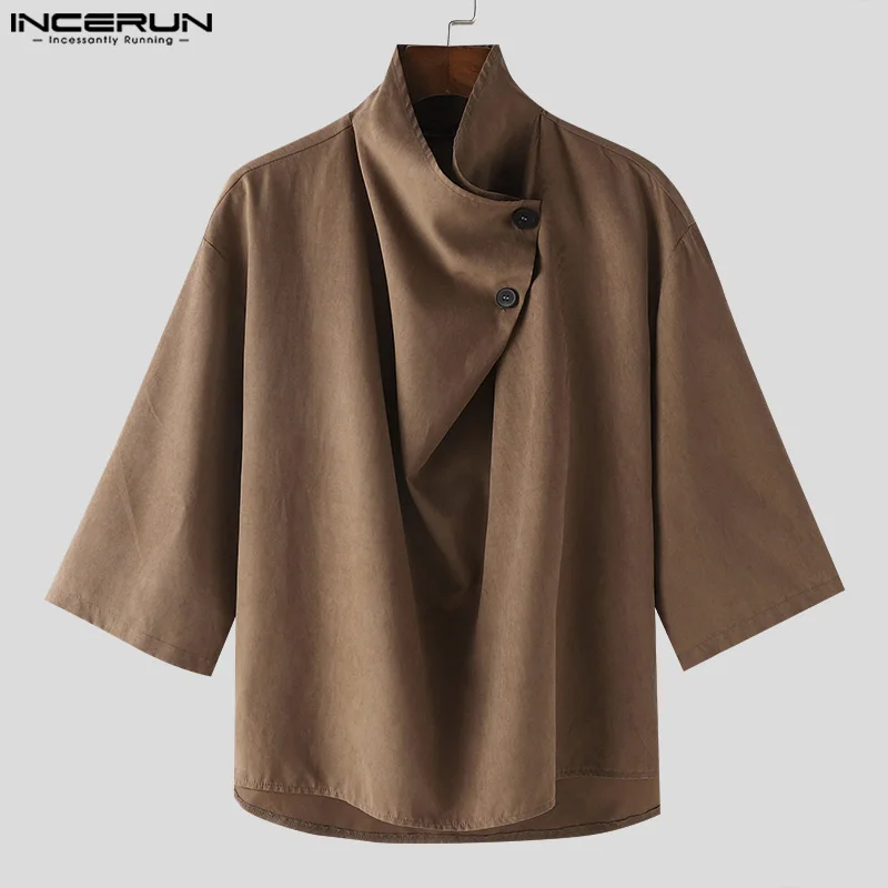 Men Shirt Solid Color Stand Collar 3/4 Sleeve Loose Men Clothing Streetwear 2024 Korean Fashion Casual Male Shirts S-5XL INCERUN