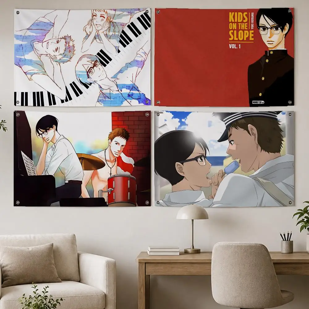 Music Anime Kids on Slope Flags Room Home Decor Wall‑Hanging Art Banner, Outdoor for Bedroom Party Background Decoration