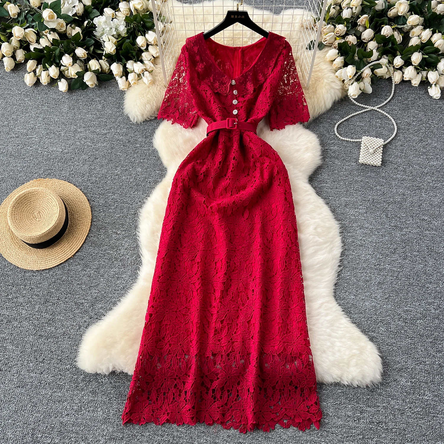 

Sexy Chic Peter pan Collar lace rhinestone Breasted Dress Elegant Korean Fashion Slim Summer vintage sweet dresses