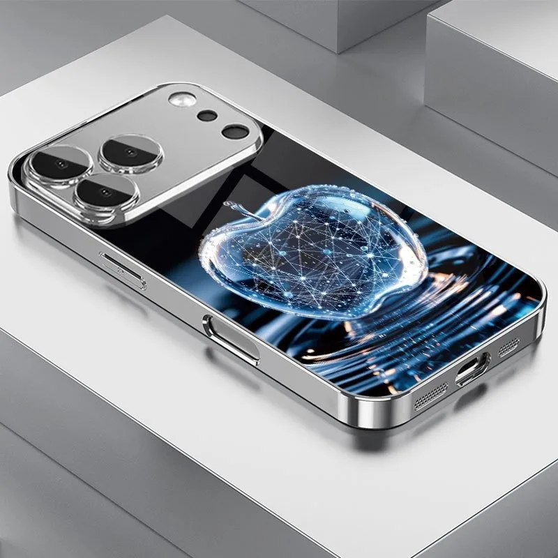 

Technology Blue For Apple Pattern Tempered Glass Phone Case For iPhone 17 16 15 14 13 12 11 Pro Max Plus Air Electroplate Cover