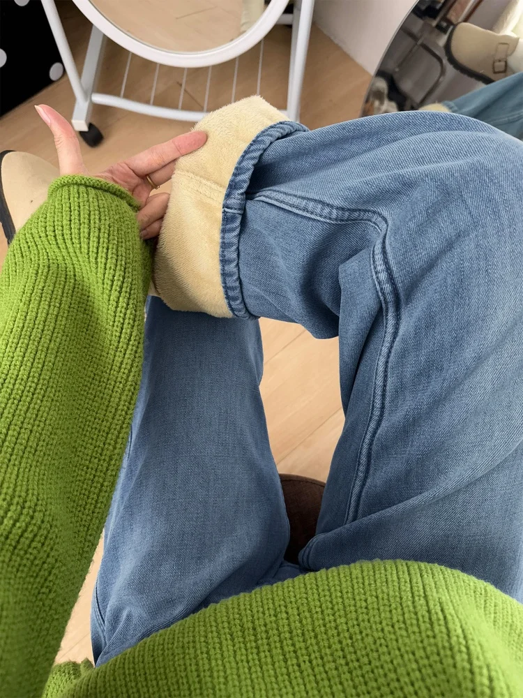 

Thiened Fce синие прямые джинсы женские зимние большие размеры свободные утягивающие широкие брюки повседневные с высокой талией на молнии Sle