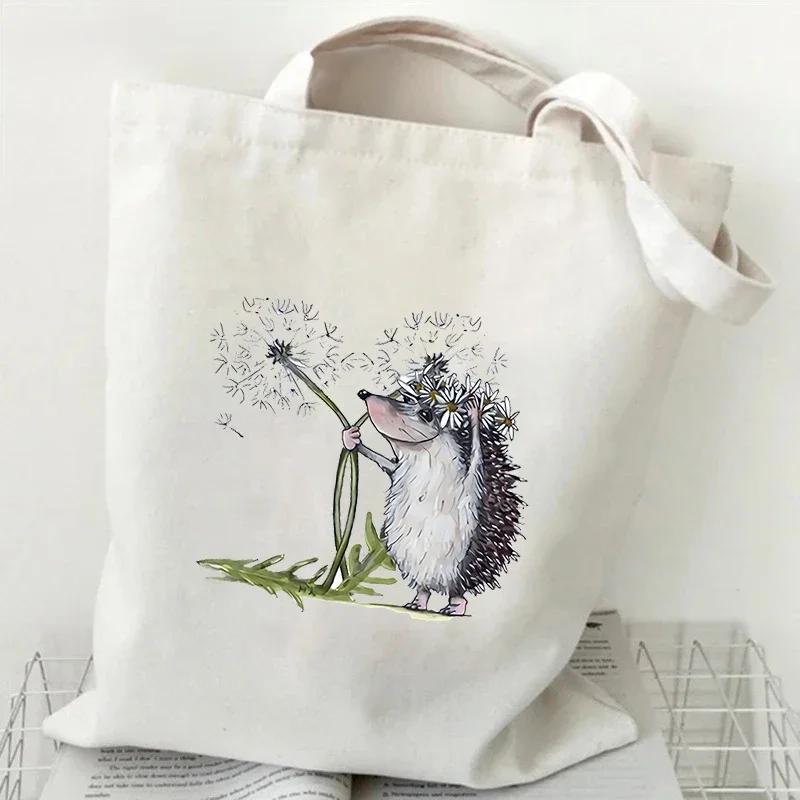 Cute Flower Hedgehog Pattern Tote Bag Women Cartoon Animal Style Shopping Bag Kawaii Hedgehog Canvas Shoulder Bag Lady Handbags