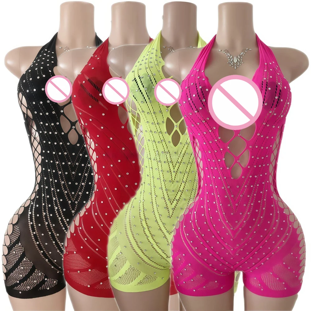 

Сексуальный дизайнерский комбинезон для стриптиза с вырезами и стразами, женский ромпер с лямкой через шею, танцевальный костюм для бальных выступлений, комбинезон для выступлений