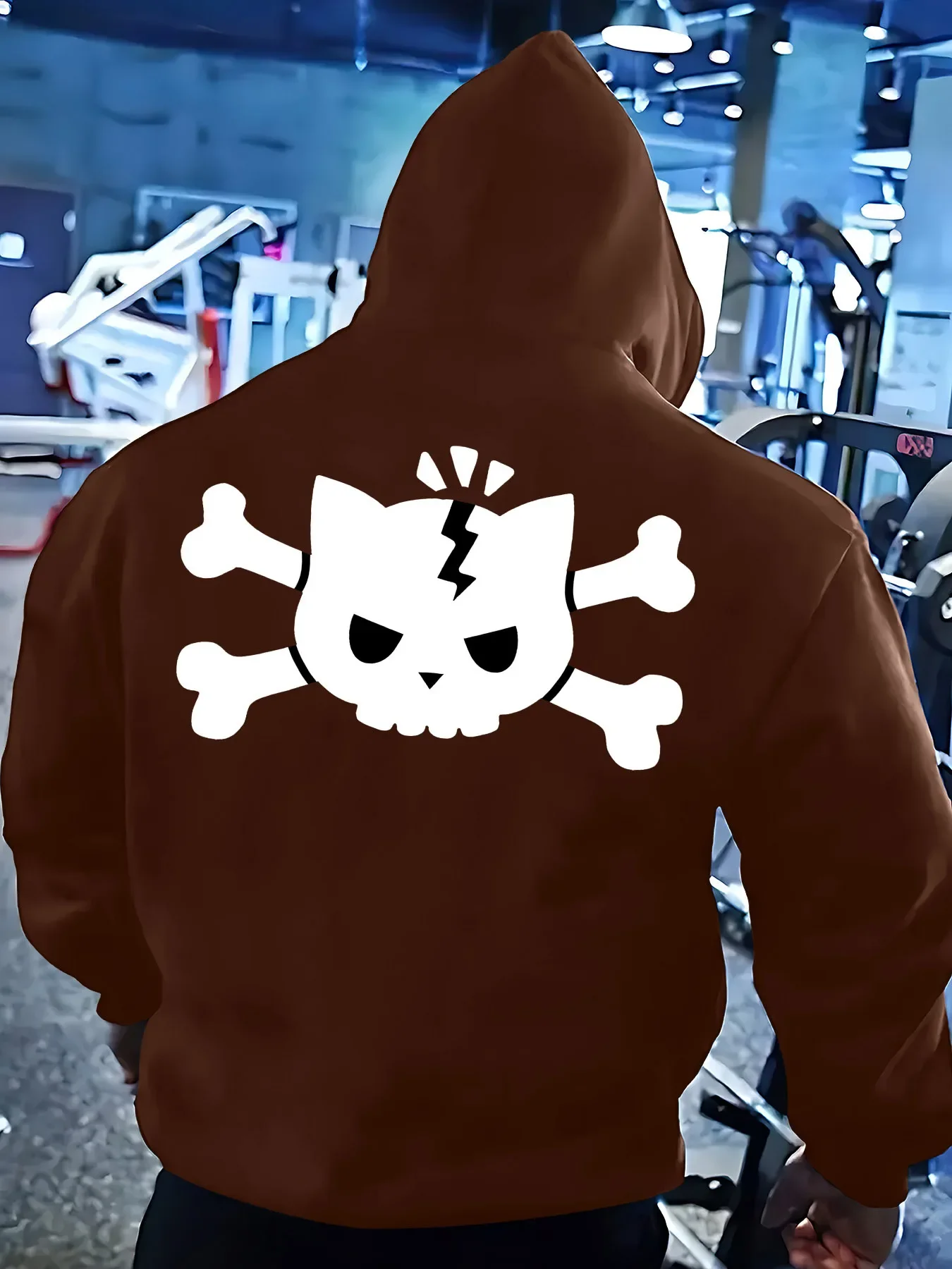 Angry Cat Skull Crossbone Graphic Hoodie Minimal White Silhouette Back Print Pullover Sweatshirt Loose Unisex Autumn Winter
