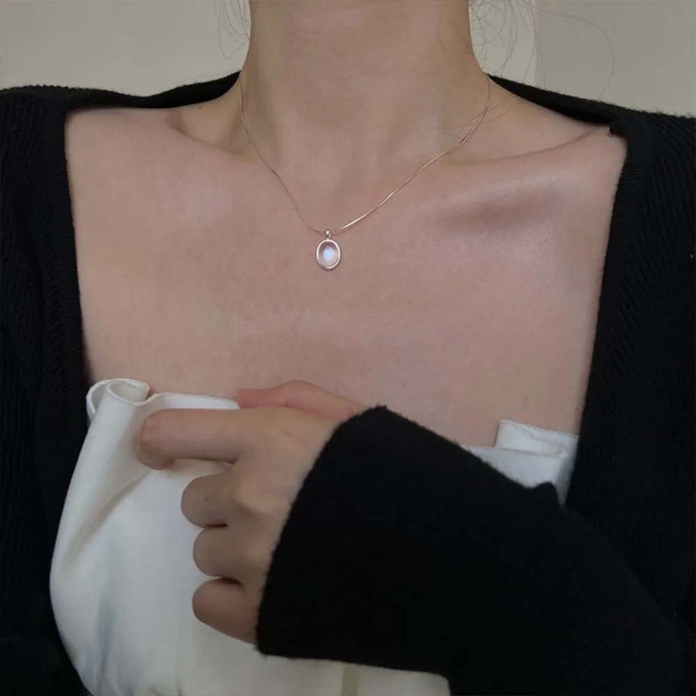 رائعة الطبيعية الأزرق البيضاوي أوبال فضي اللون الفولاذ المقاوم للصدأ قلادة قلادة للنساء سحر الأزياء كريستال طوق المجوهرات