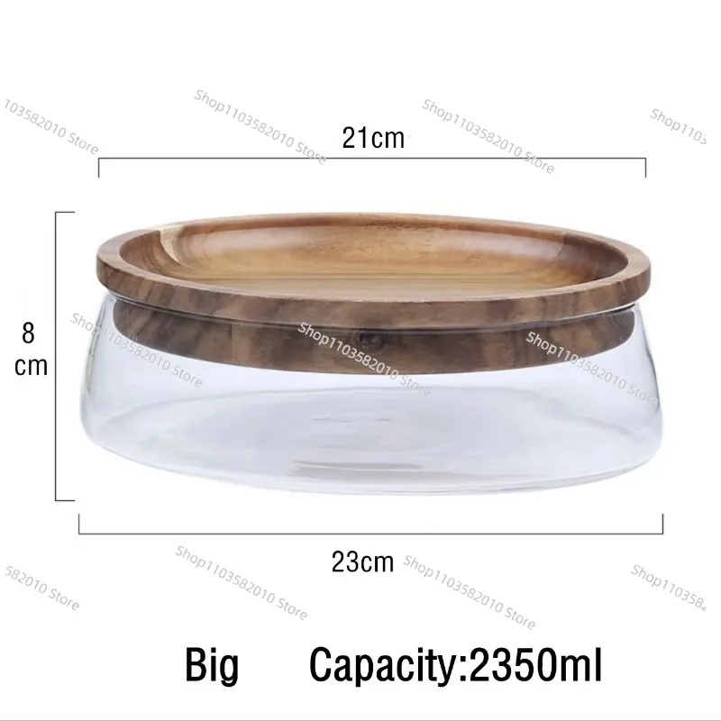 Stackable Glass Bowl with Wooden Lid, Solid Wood Storage Container for Fruit Nut Snack