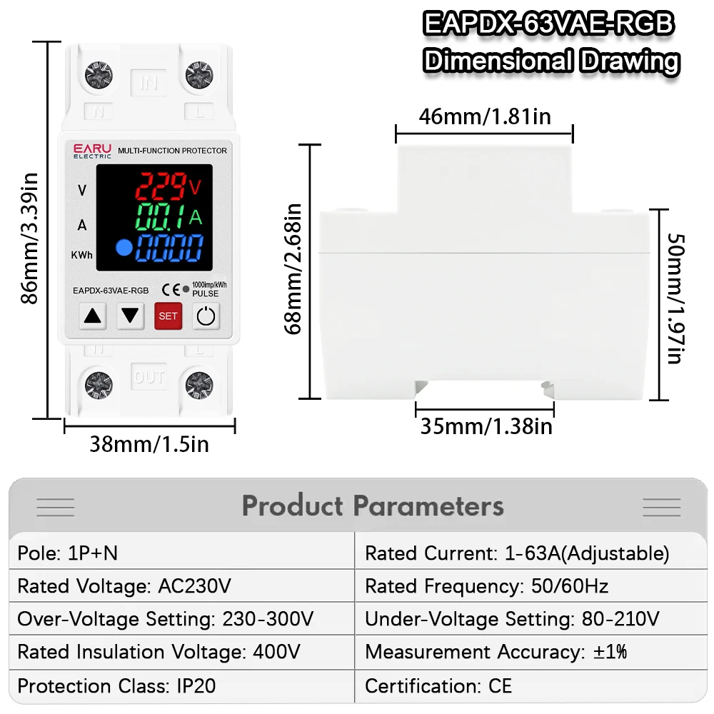 40A 63A 230V Szyna Din Regulowane nadnapięcie/podnapięcie Ochrona kWh Przekaźnik licznika energii Przekaźnik ochrony przed przekroczeniem limitu prądu — zdjęcie 3