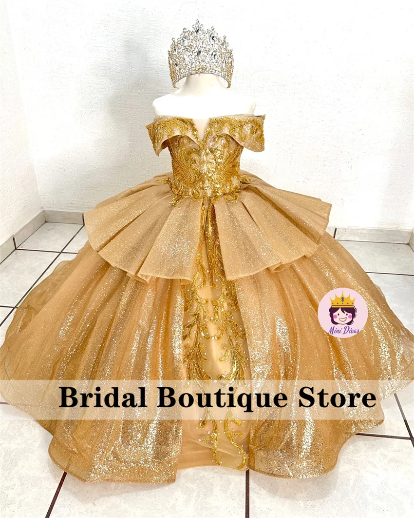 

Glitter Gold Flower Girls Dresses Applique Butterfly Dimoands Beads Pageant Dresses Sequins Child Birthday Party Gown Customized