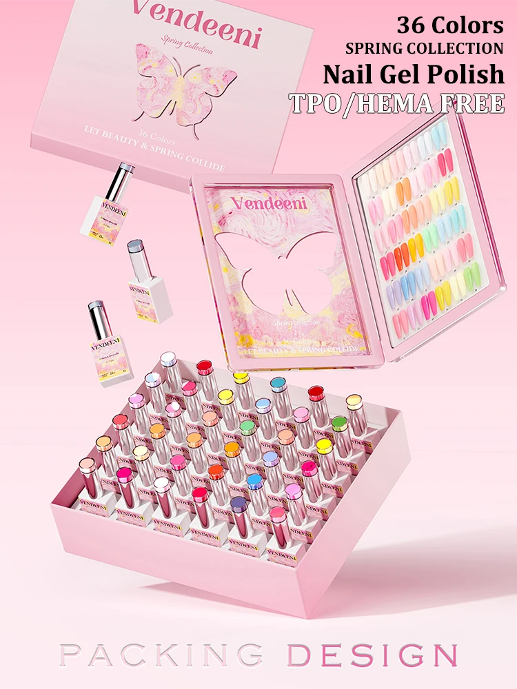 Vendeeni 36 Kleuren/Set Lente Snoep Pure Kleur Gel Nagellak TPO HEMA GRATIS Hoge Pigment UV Losweken Gel vernis Met Display - afbeelding 2