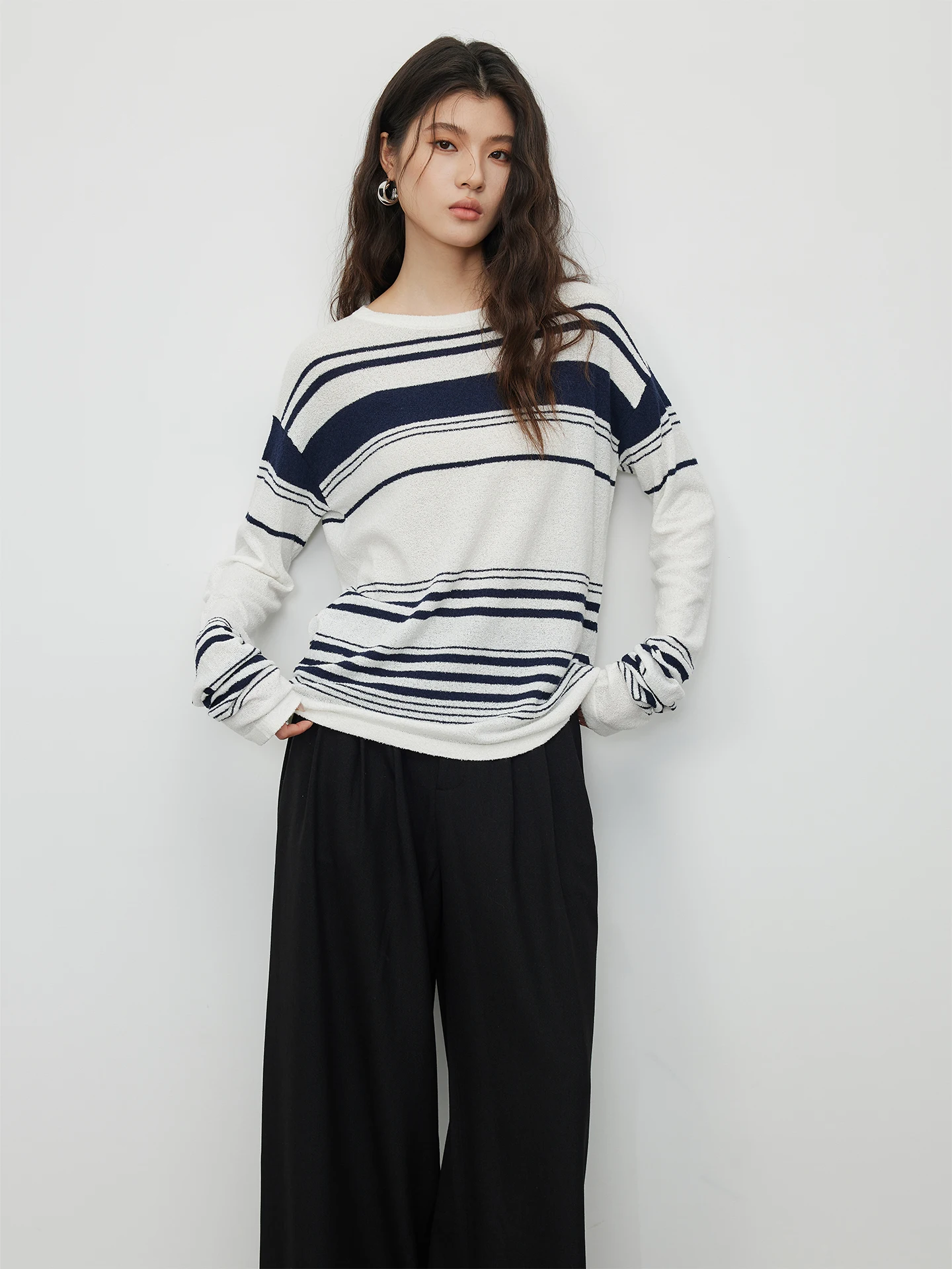 

KEARA Casual Loose Long Sleeve Sun Protection Shirt Irregular Stripes Transparent Lightweight Knitted Cotton Blend Women's Top