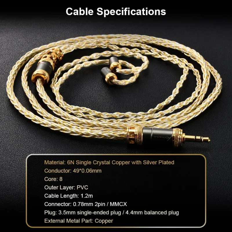 Kinera MIA 6N Single Crystal Copper Silver-Plated Upgrade Cable with Interchangeable 0.78mm 2-pin / MMCX Connectors