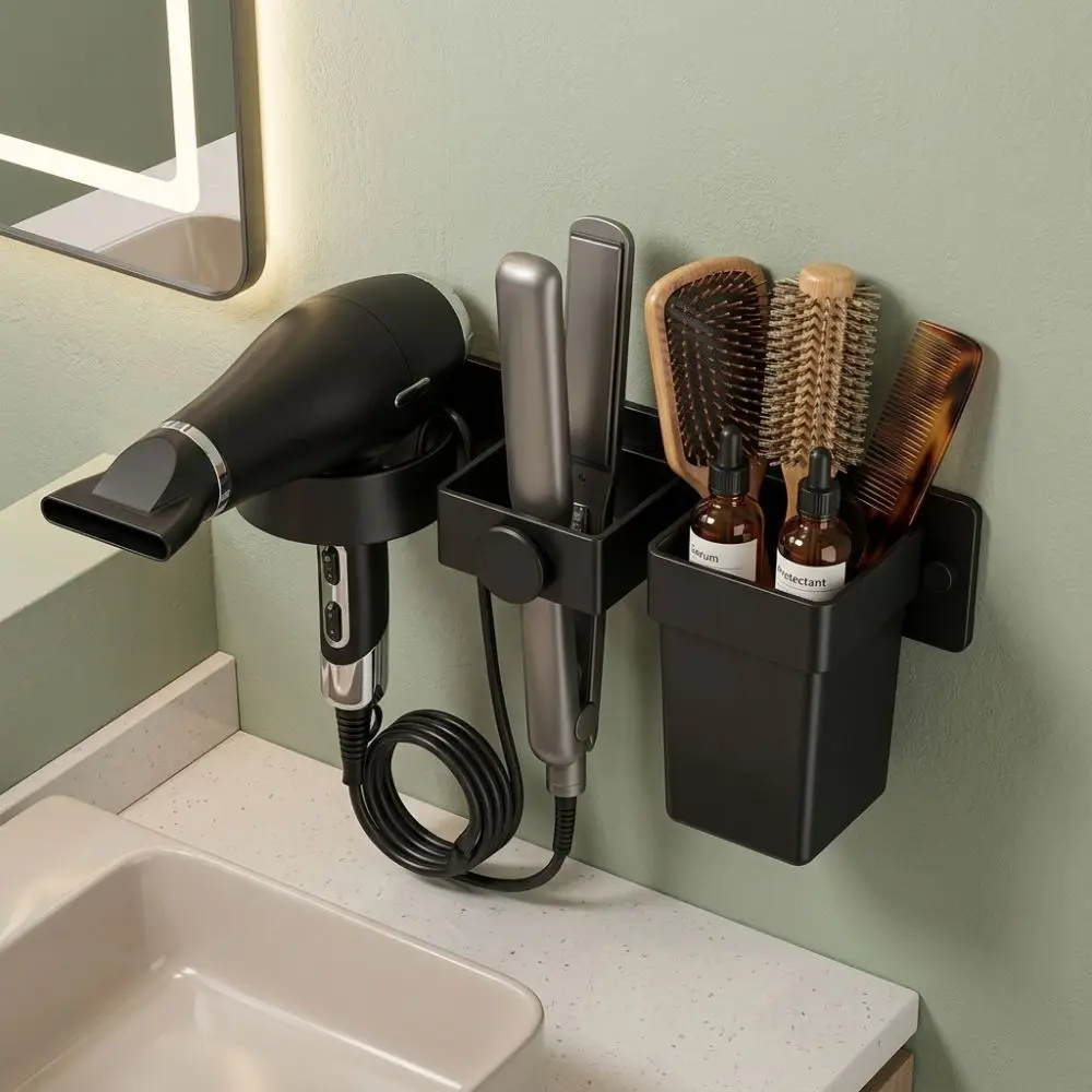 Multi-Slot Wall Mount Hair Dryer Holder Plastic Detachable Cup Curling Iron Storage Rack Moisture Resistant Large Capacity