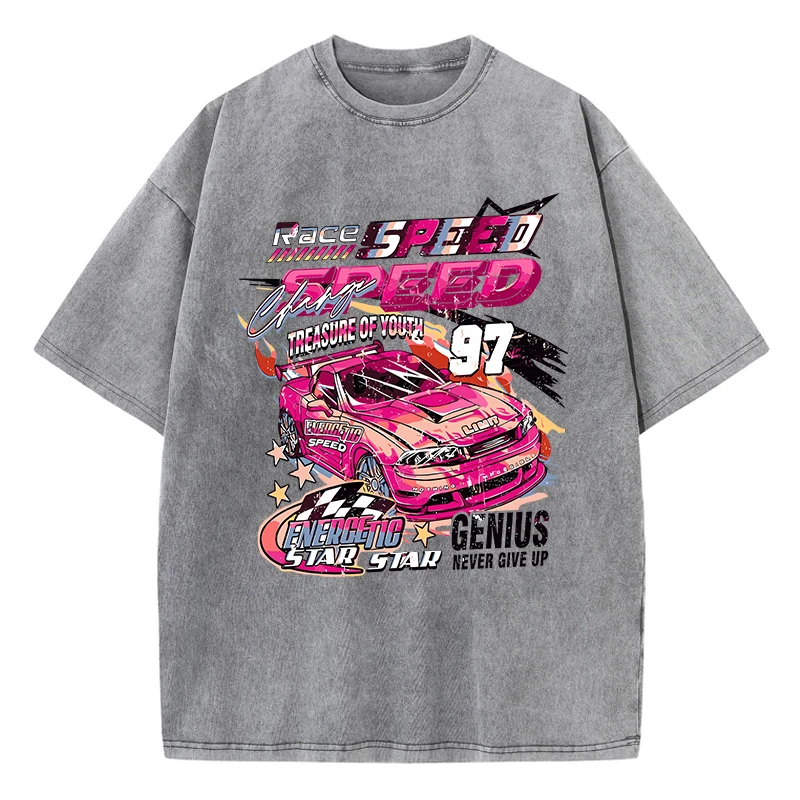 Oversized Woman Washed T-Shirts Race Car Energetic Speed Print Short Sleeve Distressed Crewneck Cotton Tops Trend Female Clothes