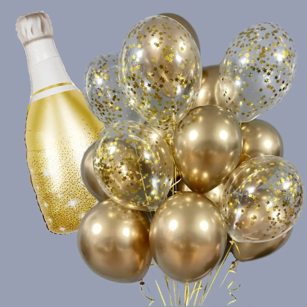 17pcs Gold Bottle Foil Balloon Mix Star Confetti Metal Gold Latex Balloons Set For Birthday Wedding Decorations New Year Decors