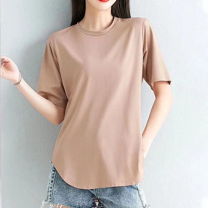 

Elegant Round Neck Fashion T-Shirts Pullovers Loose Simplicity Solid Color Short Sleeve Casual Summer Thin Women's Clothing 2023