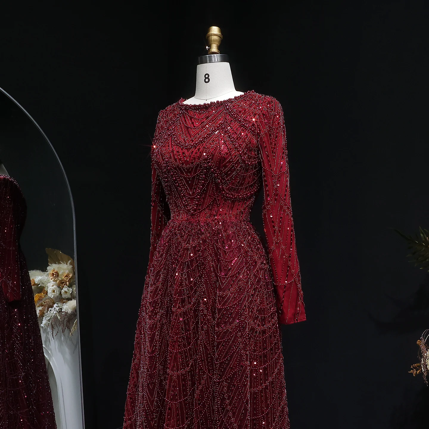 Sharon Said Luxuriöses Dubai-Abendkleid mit grünen Perlen und langen Ärmeln, Saudi-Arabisches Damen-Hochzeitskleid, formelle Partykleider SS625, maßgeschneidert – Detail 16