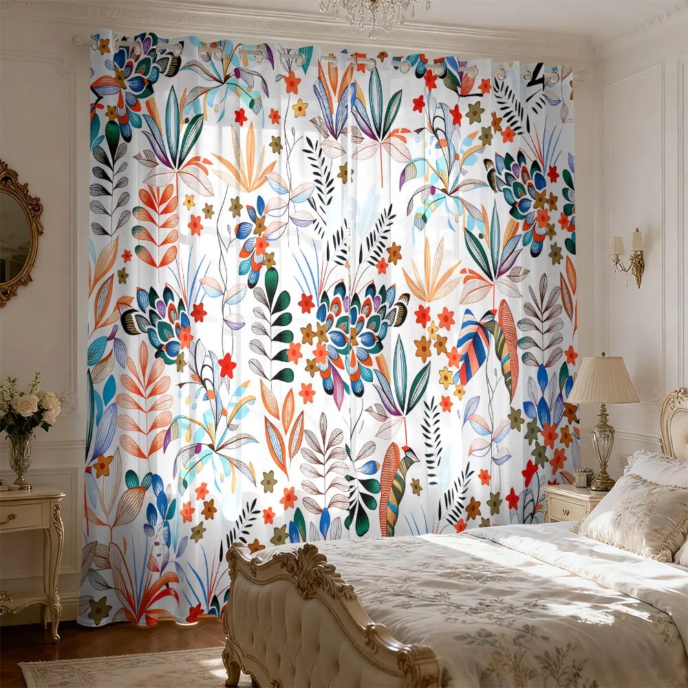 2PCS Colorful Retro Hand Painted Flower Plant Eyelet Blackout Curtains Privacy Window Curtain For Living Room Bedroom Decor