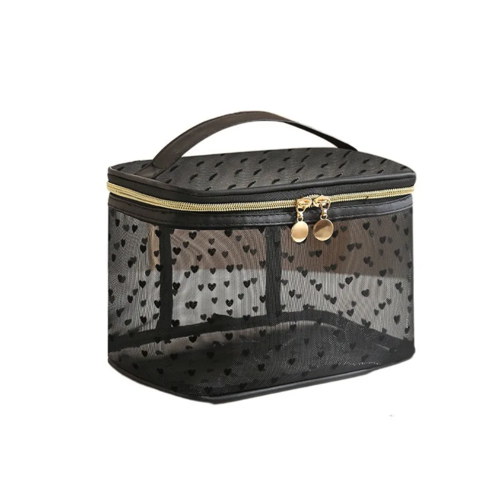 Double/Single Layer Mesh Love Makeup Bag Black Heart Printed Zipper Women Toiletry Bag Transparent Convenient To Carry