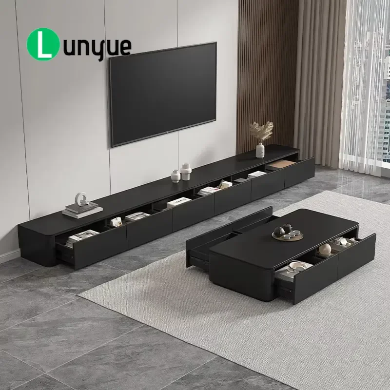 Modern Black Sintered Stone and Solid Wood TV Cabinet Coffee Table Combo Minimalist Living Room Furniture for Small