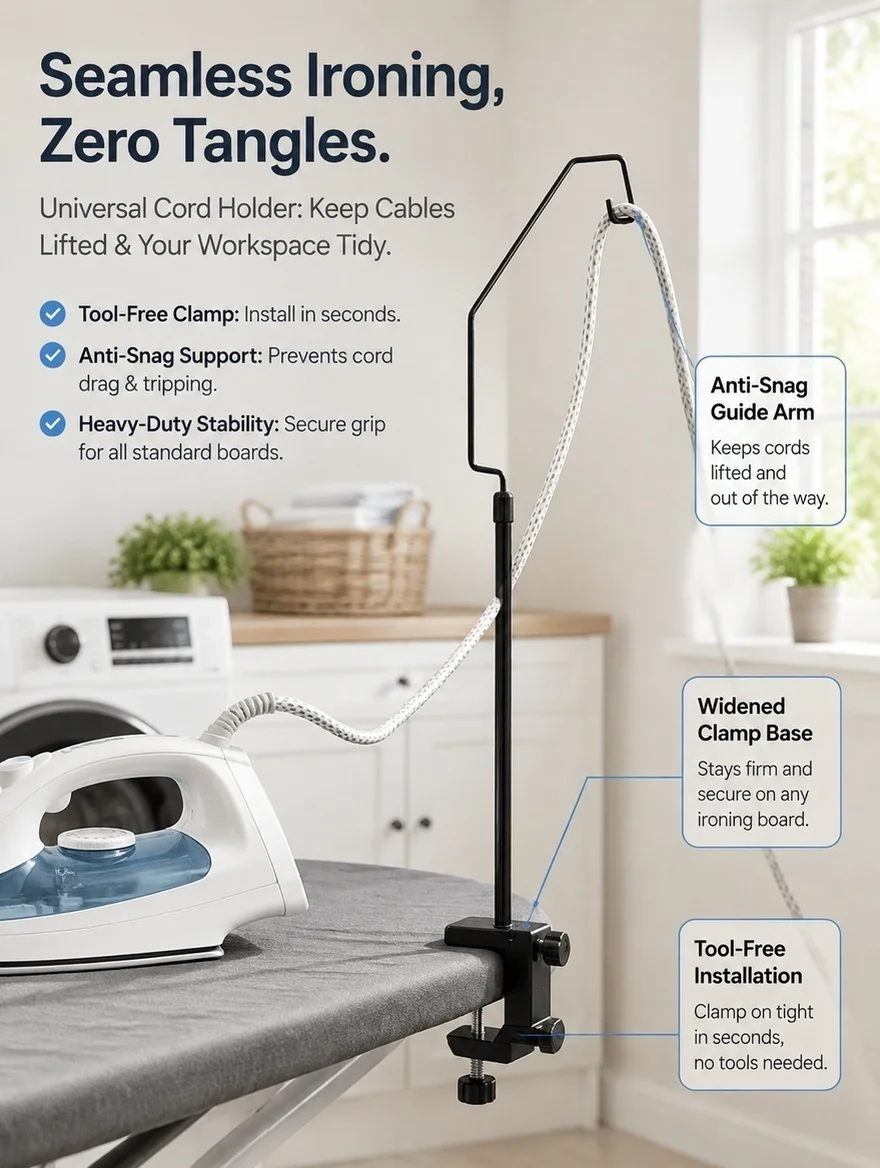 Iron Cord Holder Universal Clamp Mount Anti Snag Guide Arm Cable Support Bracket Clip on Minder Ironing Board Cord Organizer