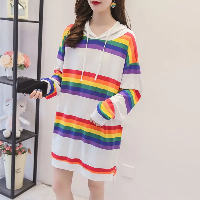 

Streetwear Color Striped Printed Mini Dress Spring Autumn Standard Drawstring Stylish Straight All-match Female Clothing Dresses