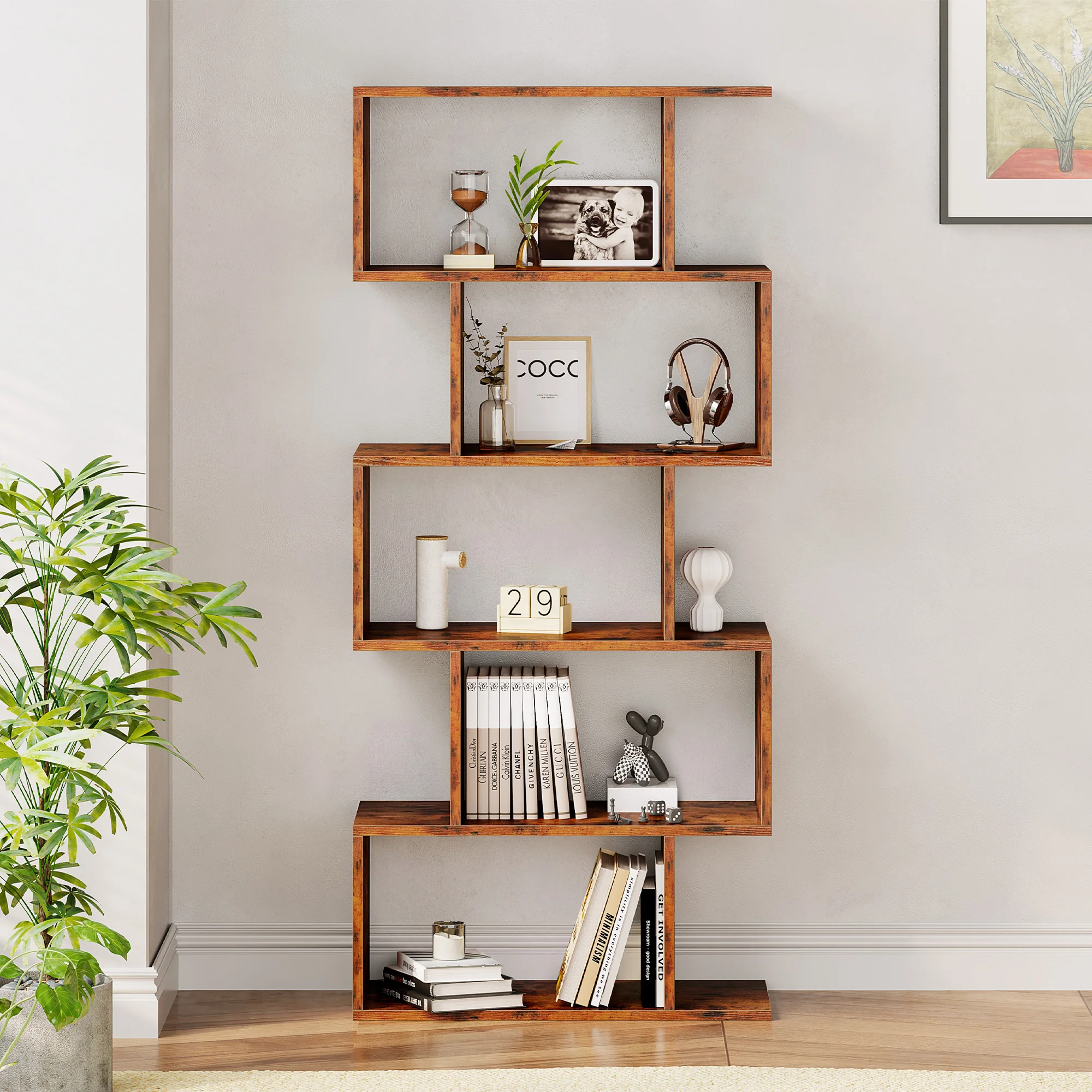 JHK 62IN Geometric Bookcase 5 Tier S-Shaped Wooden Display Bookshelf Storage Standing Shelf Stable Frame Graduated Shelves