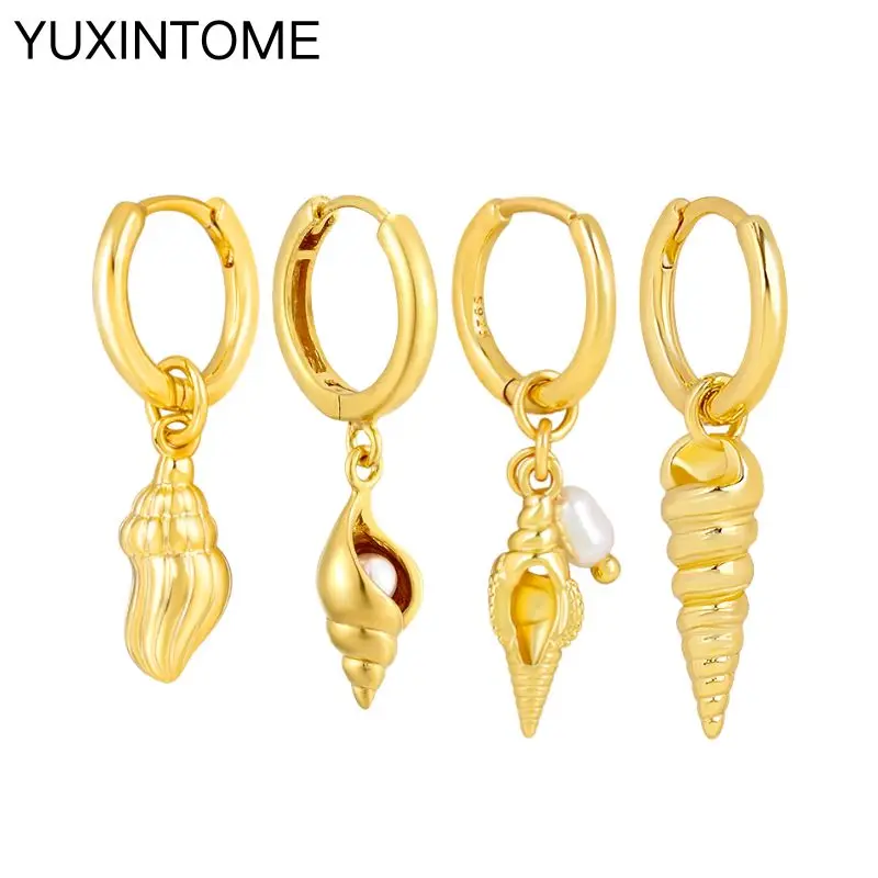 925 Sterling Silver Needle Pearl Conch Pendant Earrings Vintage Shell Hoop Earrings For Women Marine Elements Fashion Jewelry