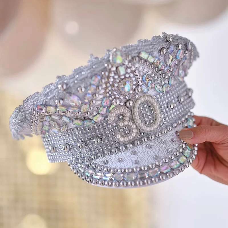 Custom Milestone Rhinestone Captain Military Hat Crown 18th 21st 30th 40th 50th 60th Birthday Party decoration Keepsake Gift