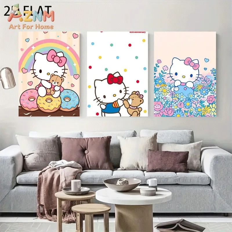 3PCS Frameless Hello Kitty Rainbow Donut Floral Canvas Wall Art Lovely Cartoon Poster Girls Room Living Room Home Decor Wall Pri