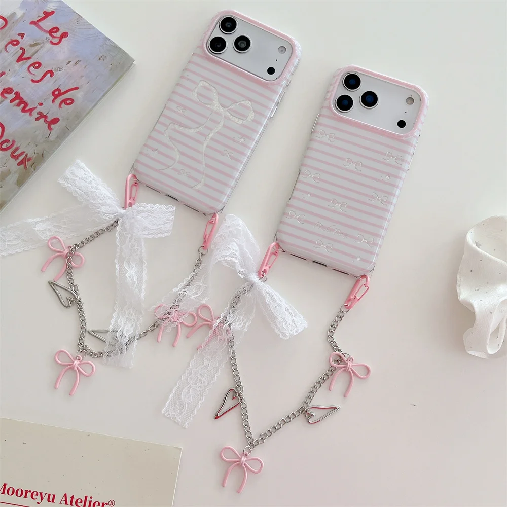 Korea Ins Pink Stripe Bow Phone Case With Lace Bow Metal Chain Strap For iPhone 18 17 16 15 Pro Max Shockproof Protective Cover