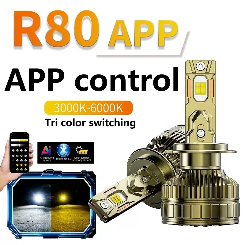 2pcs H7 APP Control 3Color H4 Car LED Headlights Bulbs 150W LEDH1 H8 H9 H11 Fog Light 9005 HB3 9006 HB4 LED Headlamp Auto Lights