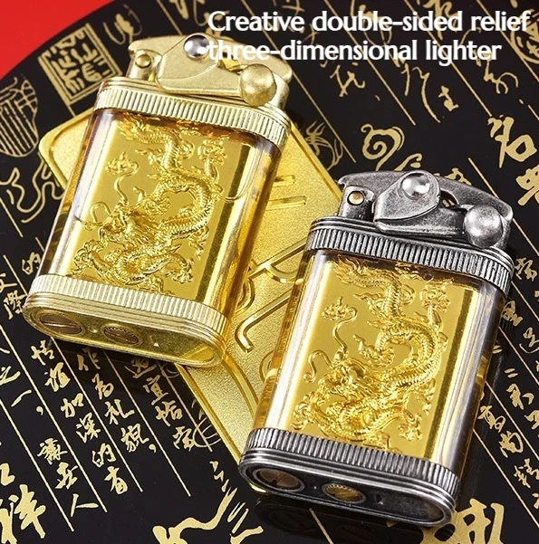 

Double-sided Relief Three-dimensional Swivel Lighter Transparent Visible Fuel Tank High Appearance Level Lighters