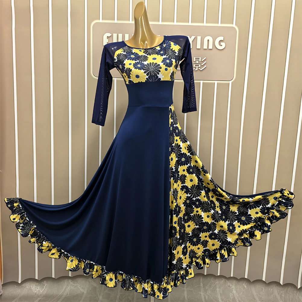 Nieuwe jurk marineblauw ballroomdans oefenpak wijnrood moderne walsjurk met middellange mouwen