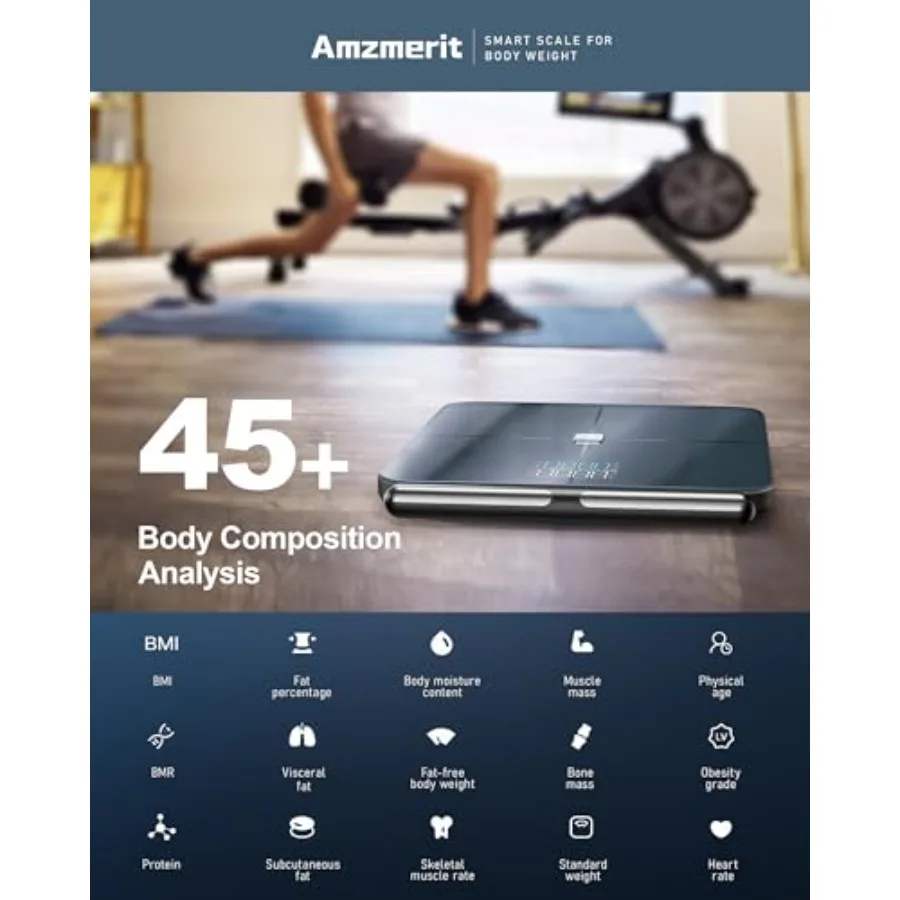 Bathroom smart scale for body weight and composition measurement, ABS+tempered glass, dark blue, 8-electrode larger platform wi