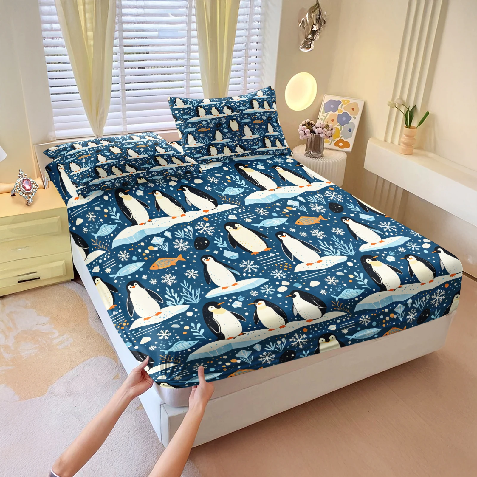 Dark Blue Cute Penguin Fitted Sheet Set Ice Floe Snowflake Fish Print Bed Sheet with Pillowcases Elastic Deep Pocket Bed Cover