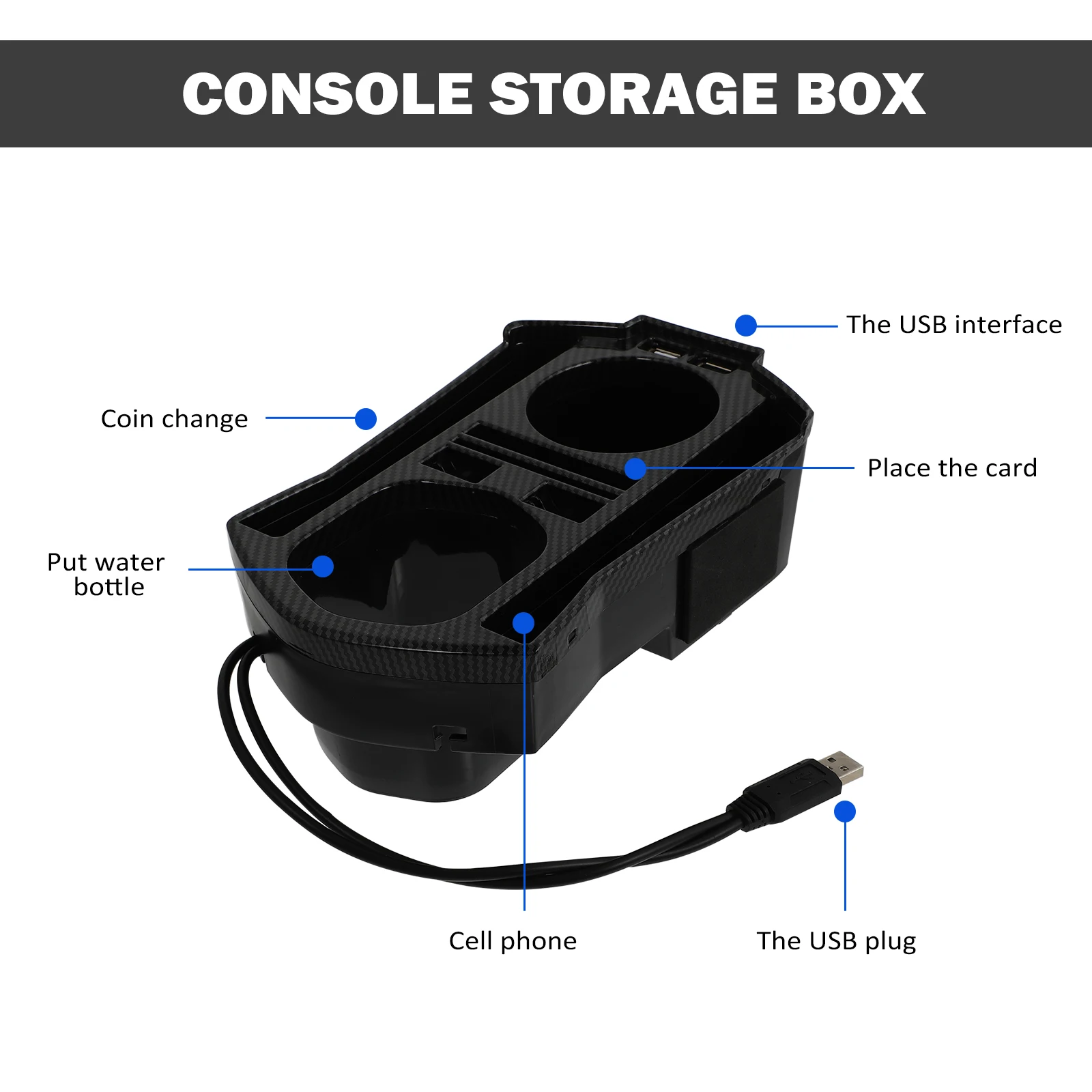 

Double Cup Storage Box Automotive Console Organizer Black Plastic Center Container USB Port Car Central Storage Box