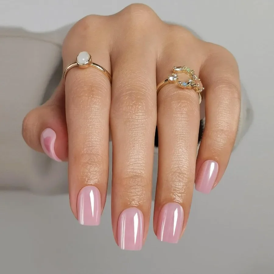 

Pink Chrome Press on Nails Square for Women Soft Gel Short Fake Nails with Glue in 16 Sizes 32 Reusable Glossy Stick on Nails I
