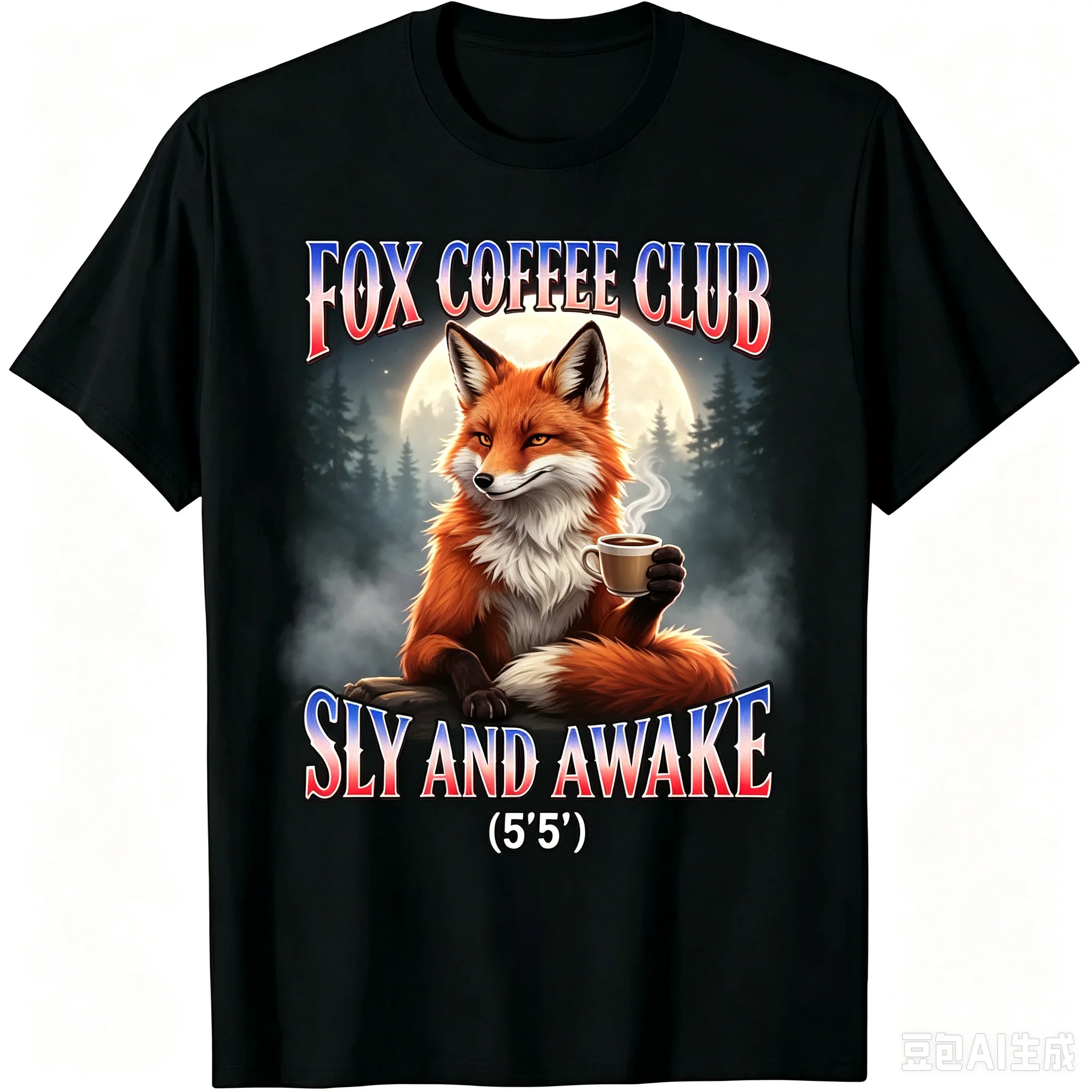 Unisex Fox Coffee Club Sly And Awake Graphic T-Shirt Men Women Retro Full Moon Forest Red Fox Holding Coffee Cup Short Sleeve Crewneck Casual Streetwear Tee