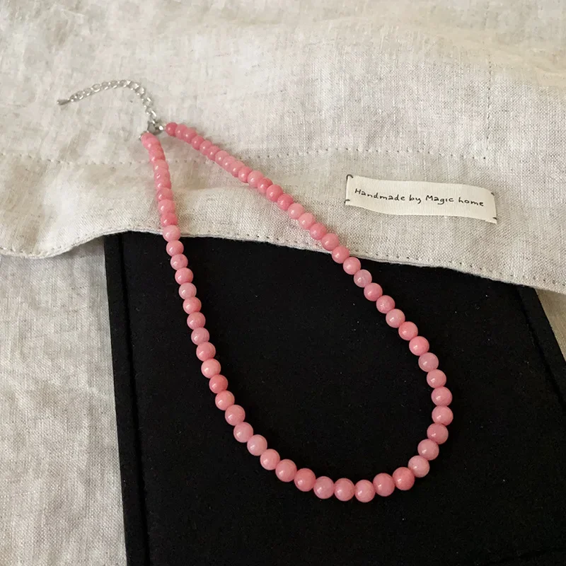 Minar Exquisite 4 6 8mm Pink Color Round Natural Stone Beaded Necklace for Women Handmade Silver Plated Chain Strand Chokers