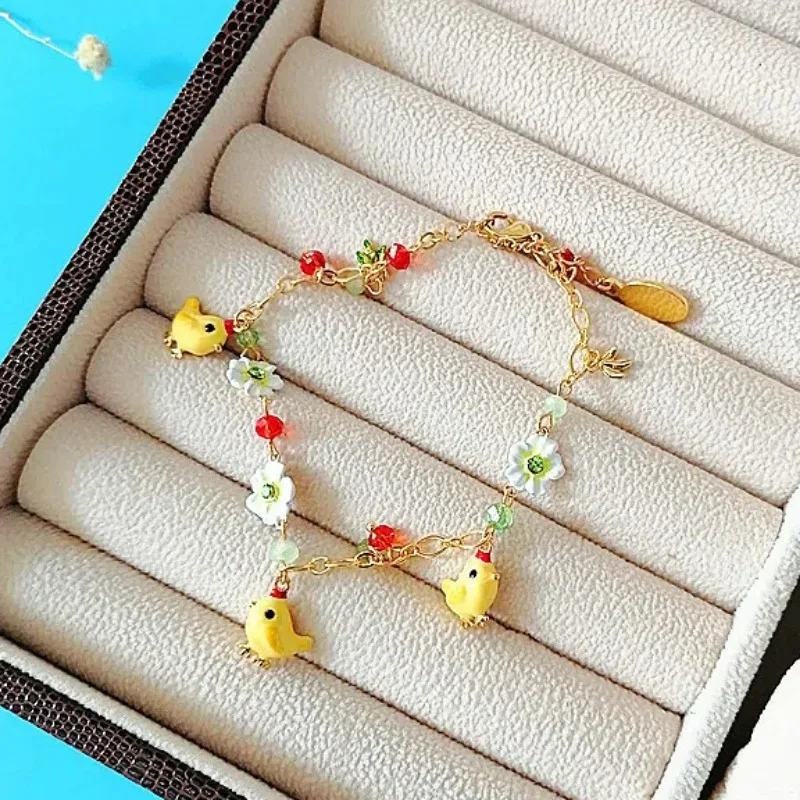 

2025 Spring Luxury Cute Chicken Charms, Personalized 3D Yellow Chook, Handpainted Flower, Glass Beads Dangle Tassels Bracelet