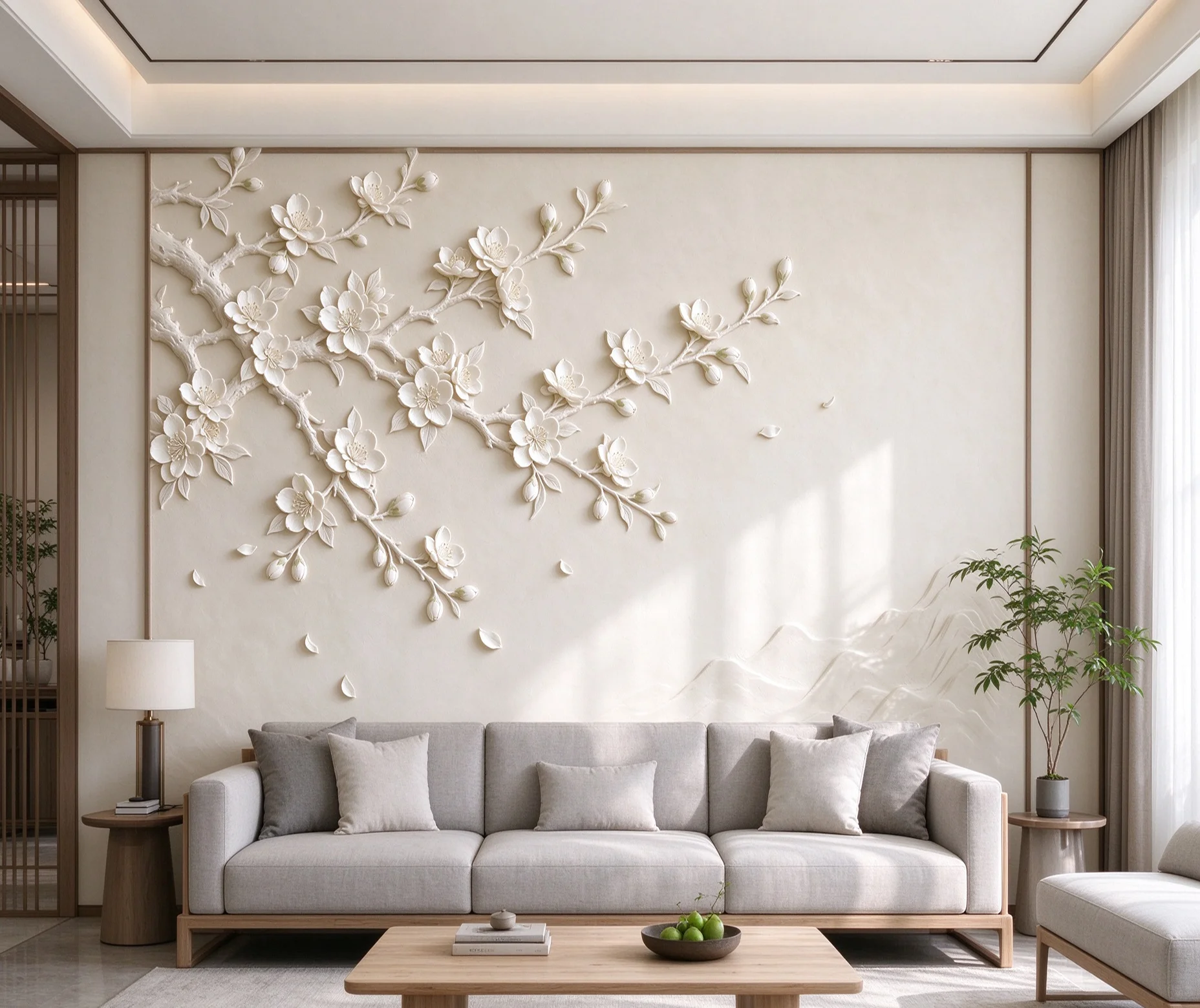 Customized size mural, light beige apricot tone relief flower branch wallpaper home decoration plum blossom peach blossom mural